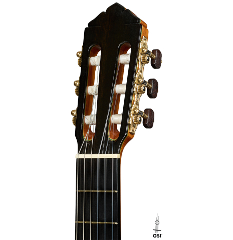 The headstock of a 2010 Sergio Tezanos classical guitar made of spruce and maple