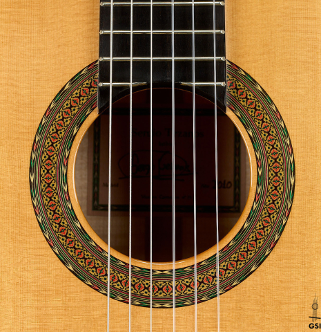 The rosette of a 2010 Sergio Tezanos classical guitar made of spruce and maple