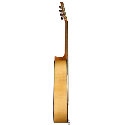 The side of a 2010 Sergio Tezanos classical guitar made of spruce and maple