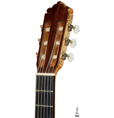 The headstock of a 2007 Mariano Tezanos "Maestro" classical guitar made with spruce and CSA rosewood