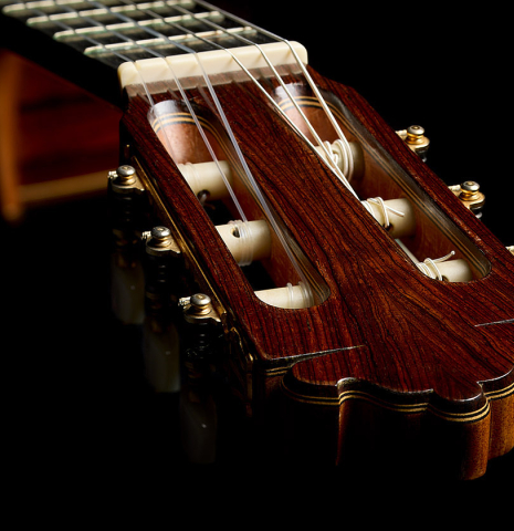 View from the headstock and tuning machines of a 2007 Mariano Tezanos "Maestro" classical guitar made with spruce and CSA rosewood