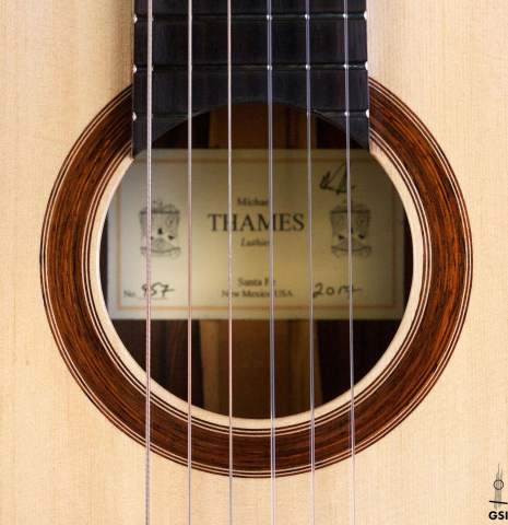 The rosette of a 2017 Michael Thames "La Leona" classical guitar made of spruce and cocobolo