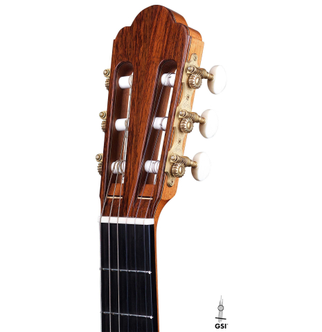 The headstock of a 2017 Michael Thames "La Leona" classical guitar made of spruce and cocobolo