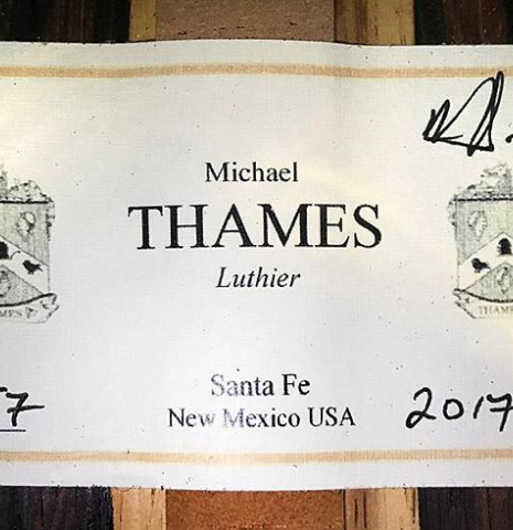 The label of a 2017 Michael Thames "La Leona" classical guitar made of spruce and cocobolo
