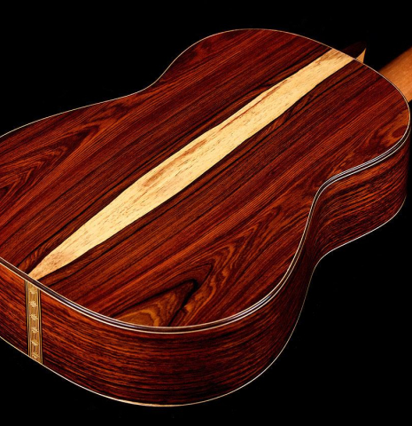 The back and sides of a 2017 Michael Thames "La Leona" classical guitar made of spruce and cocobolo
