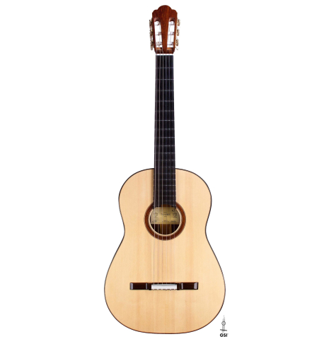 The front of a 2017 Michael Thames "La Leona" classical guitar made of spruce and cocobolo