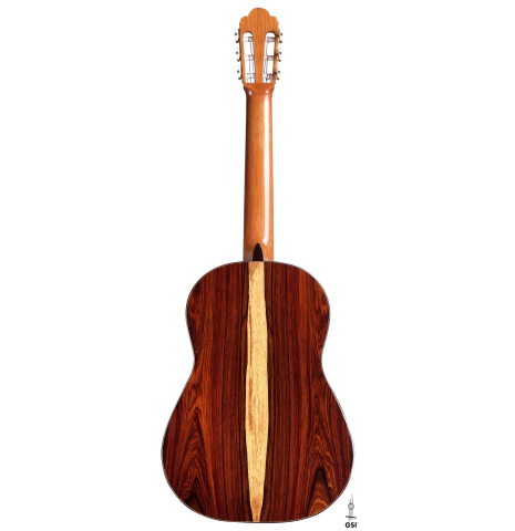 The back of a 2017 Michael Thames "La Leona" classical guitar made of spruce and cocobolo