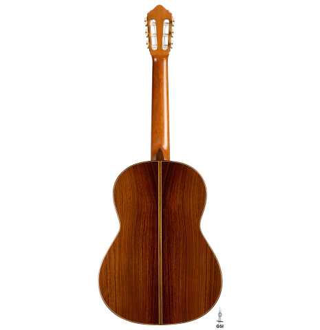 The back of a 2018 Michael Thames classical guitar made of cedar and Indian rosewood