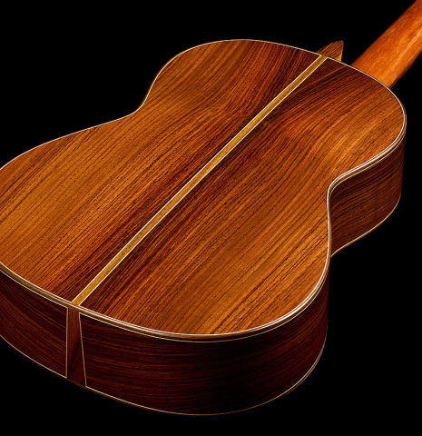 The back and sides of a 2018 Michael Thames classical guitar made of cedar and Indian rosewood
