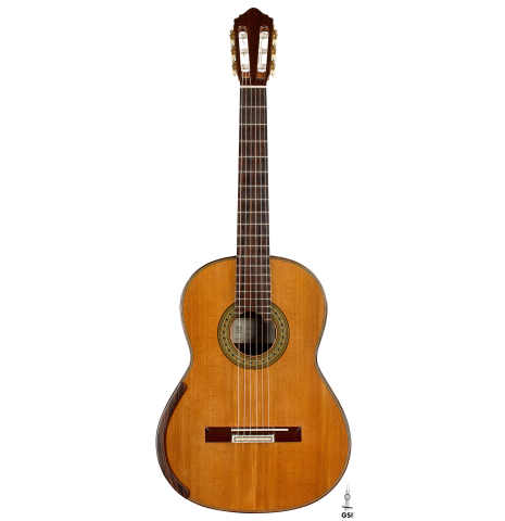 The front of a 2018 Michael Thames classical guitar made of cedar and Indian rosewood