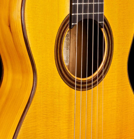 The soundboard of an 1886 Antonio de Torres w/pegs classical guitar made of spruce and cypress
