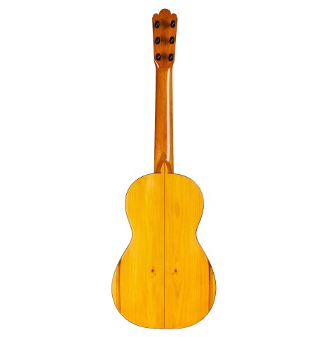 The back of an 1886 Antonio de Torres w/pegs classical guitar made of spruce and cypress