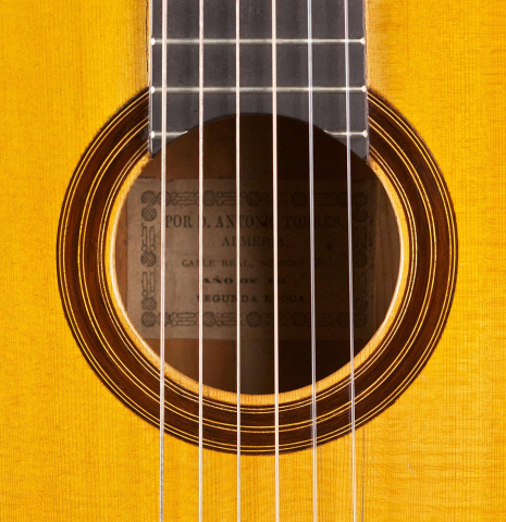 The rosette of an 1886 Antonio de Torres w/pegs classical guitar made of spruce and cypress