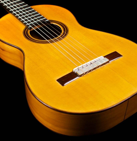 View of the soundboard from the foot of an 1886 Antonio de Torres w/pegs classical guitar made of spruce and cypress