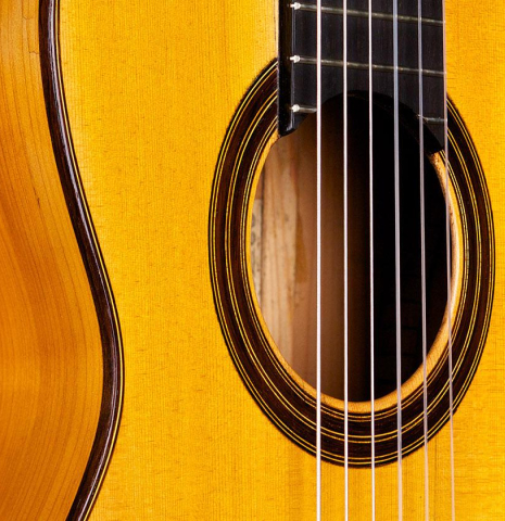 Close-up of the rosette of an 1886 Antonio de Torres w/pegs classical guitar made of spruce and cypress