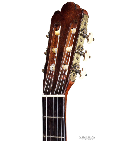 The headstock of a 1888 Antonio de Torres SP/MH SE 115 classical guitar.