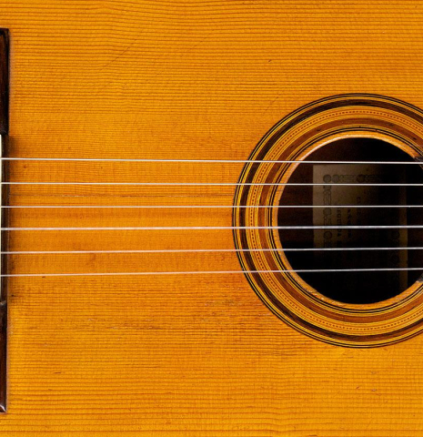 The soundboard and bridge of an 1888 Antonio de Torres SP/MH SE 115 classical guitar.