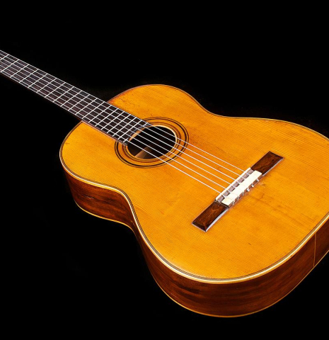 The front of an 1888 Antonio de Torres SP/MH SE 115 classical guitar.