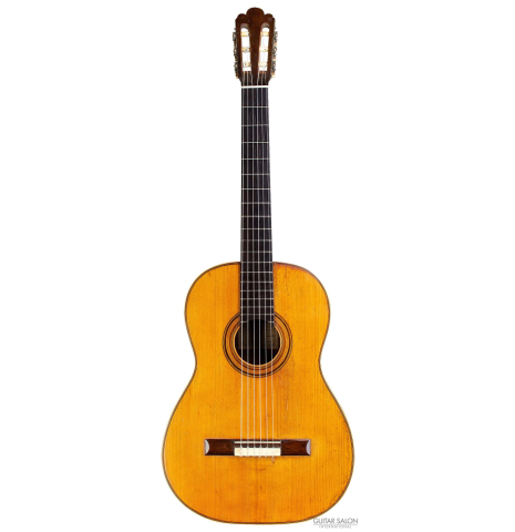 The front of an 1888 Antonio de Torres SP/MH SE 115 classical guitar.