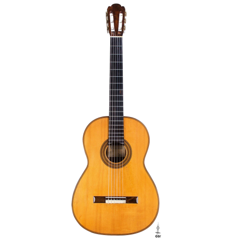 The front of an 1868 Antonio de Torres classical guitar with tornavoz, made of spruce and CSA rosewood