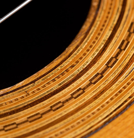 The rosette of Francisco Tarrega's 1888 Antonio de Torres &quot;SE 114&quot; made of spruce and CSA rosewood