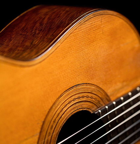 The soundboard and rosette of Francisco Tarrega's 1888 Antonio de Torres &quot;SE 114&quot; made of spruce and CSA rosewood