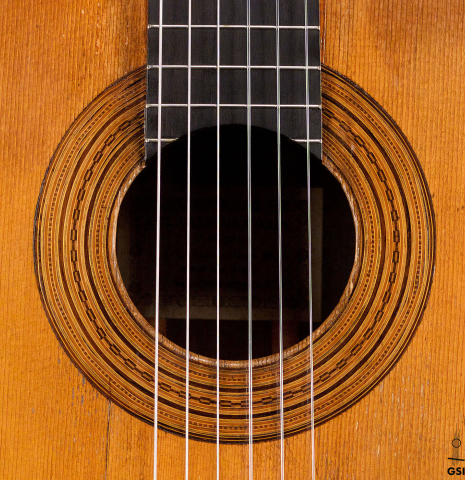 The rosette of Francisco Tarrega's 1888 Antonio de Torres &quot;SE 114&quot; made of spruce and CSA rosewood