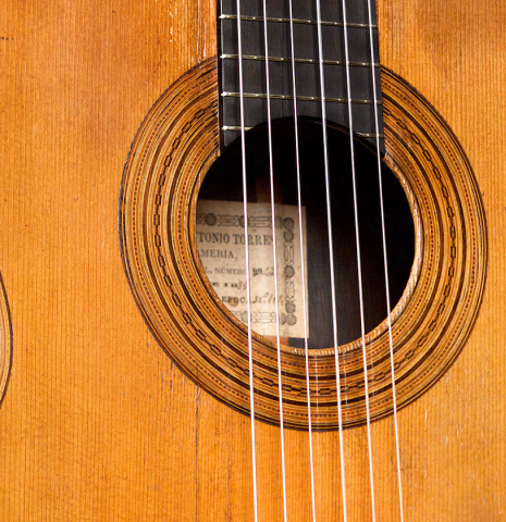 The soundboard of Francisco Tarrega's 1888 Antonio de Torres &quot;SE 114&quot; made of spruce and CSA rosewood