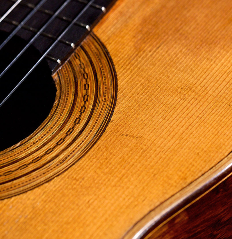 The rosette of Francisco Tarrega's 1888 Antonio de Torres &quot;SE 114&quot; made of spruce and CSA rosewood