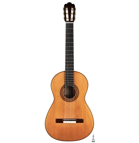 The front of an 1887 Antonio de Torres SP/MH SE 105 classical guitar.