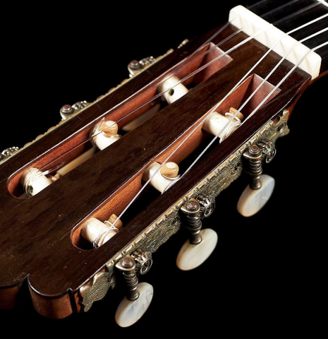 The headstock of an 1887 Antonio de Torres SP/MH SE 105 classical guitar.