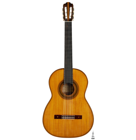The front of a 1867 Antonio de Torres classical guitar made of spruce and maple