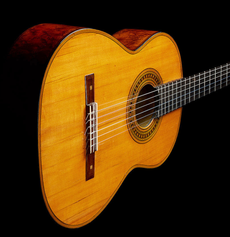 The soundboard of a 1867 Antonio de Torres classical guitar made of spruce and maple