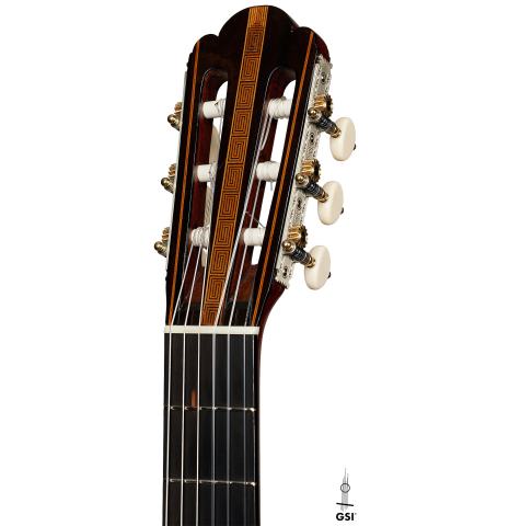 The headstock of a 1867 Antonio de Torres classical guitar made of spruce and maple