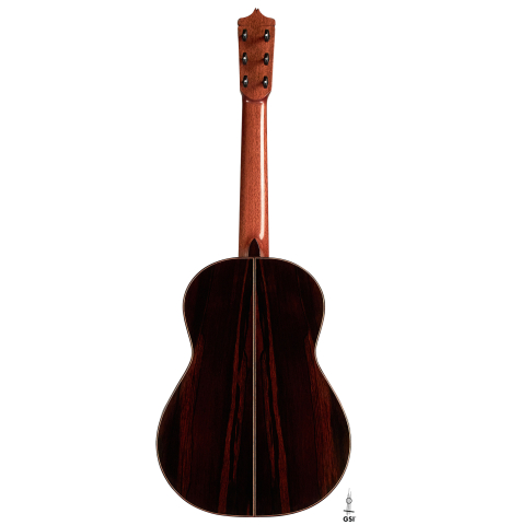 The back of a 2016 Dake Traphagen made with cedar and CSA rosewood featuring traditional pegs.