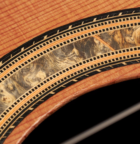 The rosette of a 2016 Dake Traphagen made with cedar and CSA rosewood featuring traditional pegs.