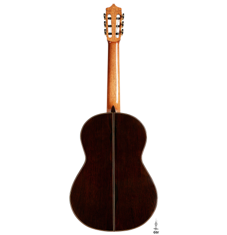 The back of a 2023 Dake Traphagen classical guitar made of cedar and CSA rosewood