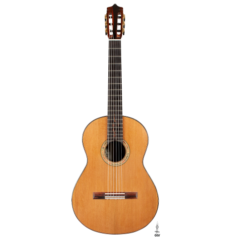 The front of a 2023 Dake Traphagen classical guitar made of cedar and CSA rosewood