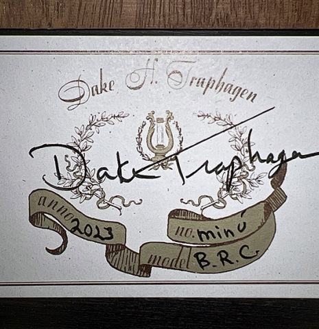 The label of a 2023 Dake Traphagen classical guitar made of cedar and CSA rosewood