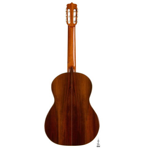 The back of a 1981 Dake Traphagen classical guitar made of spruce and CSA rosewood