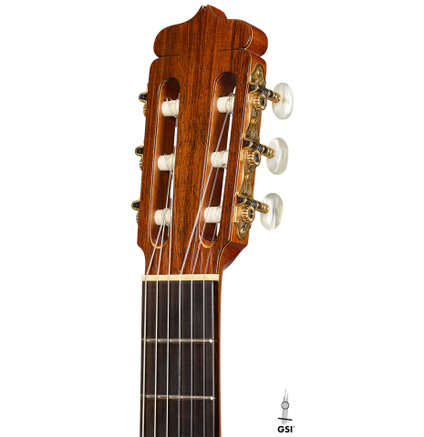 The headstock of a 1981 Dake Traphagen classical guitar made of spruce and CSA rosewood