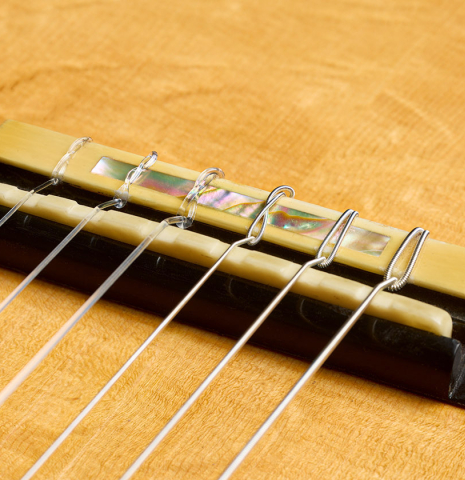 The bridge, tie-block and saddle of a 1981 Dake Traphagen classical guitar made of spruce and CSA rosewood