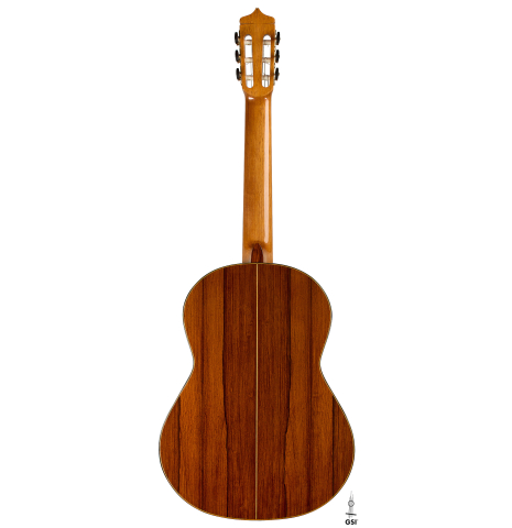 The back of a 2005 Dake Traphagen classical guitar made of spruce and African rosewood