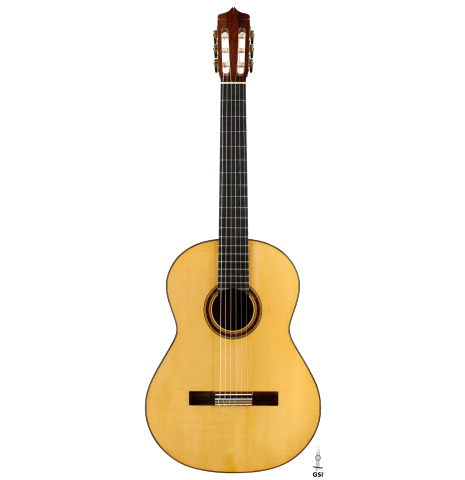 The front of a 2005 Dake Traphagen classical guitar made of spruce and African rosewood