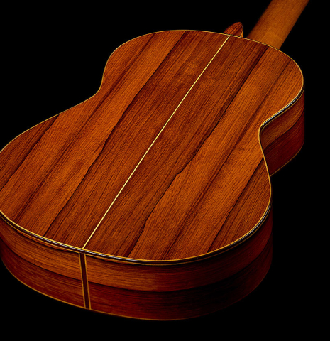 The back and sides of a 2005 Dake Traphagen classical guitar made of spruce and African rosewood