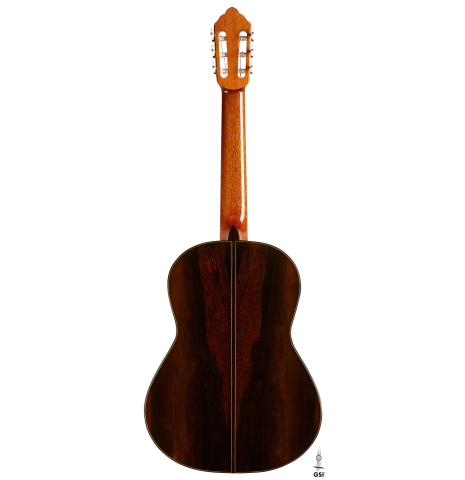 The back of a 2024 Oscar Trezzini "Friederich/Lagoya" classical guitar made of spruce and CSA rosewood
