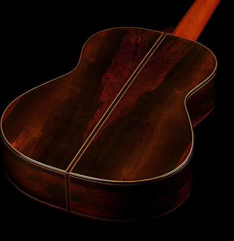 The back and sides of a 2024 Oscar Trezzini "Friederich/Lagoya" classical guitar made of spruce and CSA rosewood
