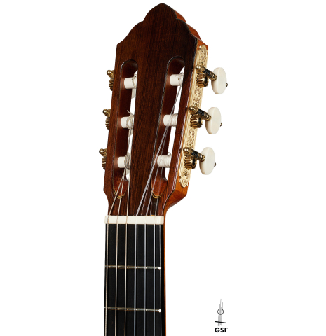 The headstock of a 2024 Oscar Trezzini "Friederich/Lagoya" classical guitar made of spruce and CSA rosewood