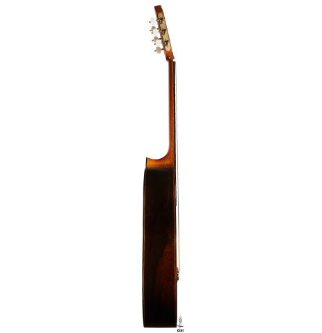 The side of a 2024 Oscar Trezzini "Friederich/Lagoya" classical guitar made of spruce and CSA rosewood