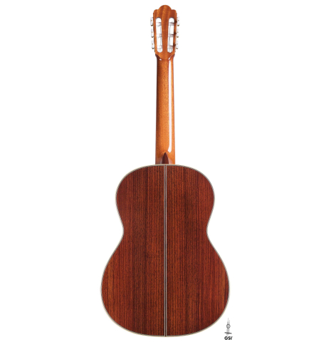 The back of a Wataru Tsuji "S-2" SP/IN made with spruce top and Indian rosewood back and sides on a white background